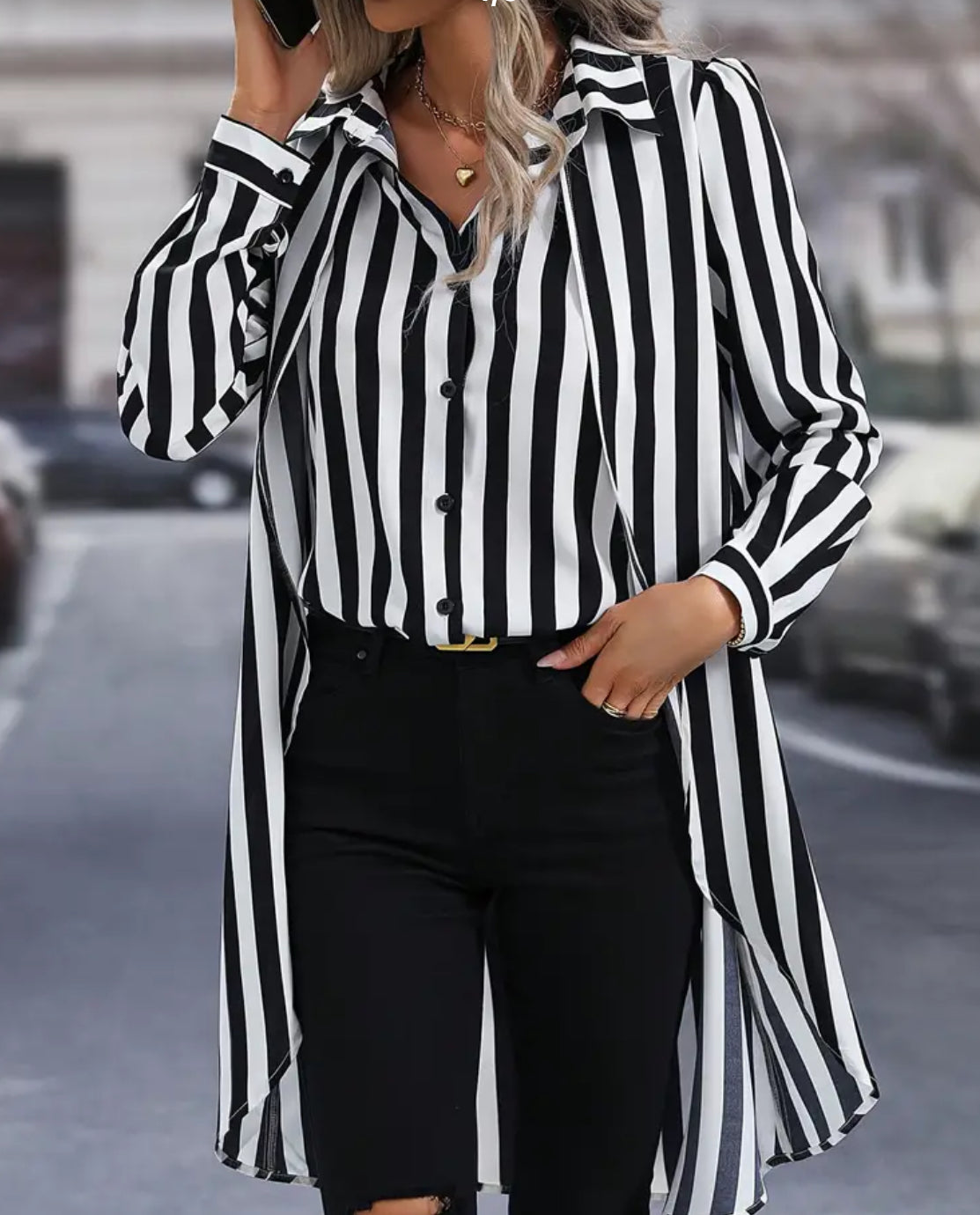 Striped One-Piece Collared Shirt-Coat