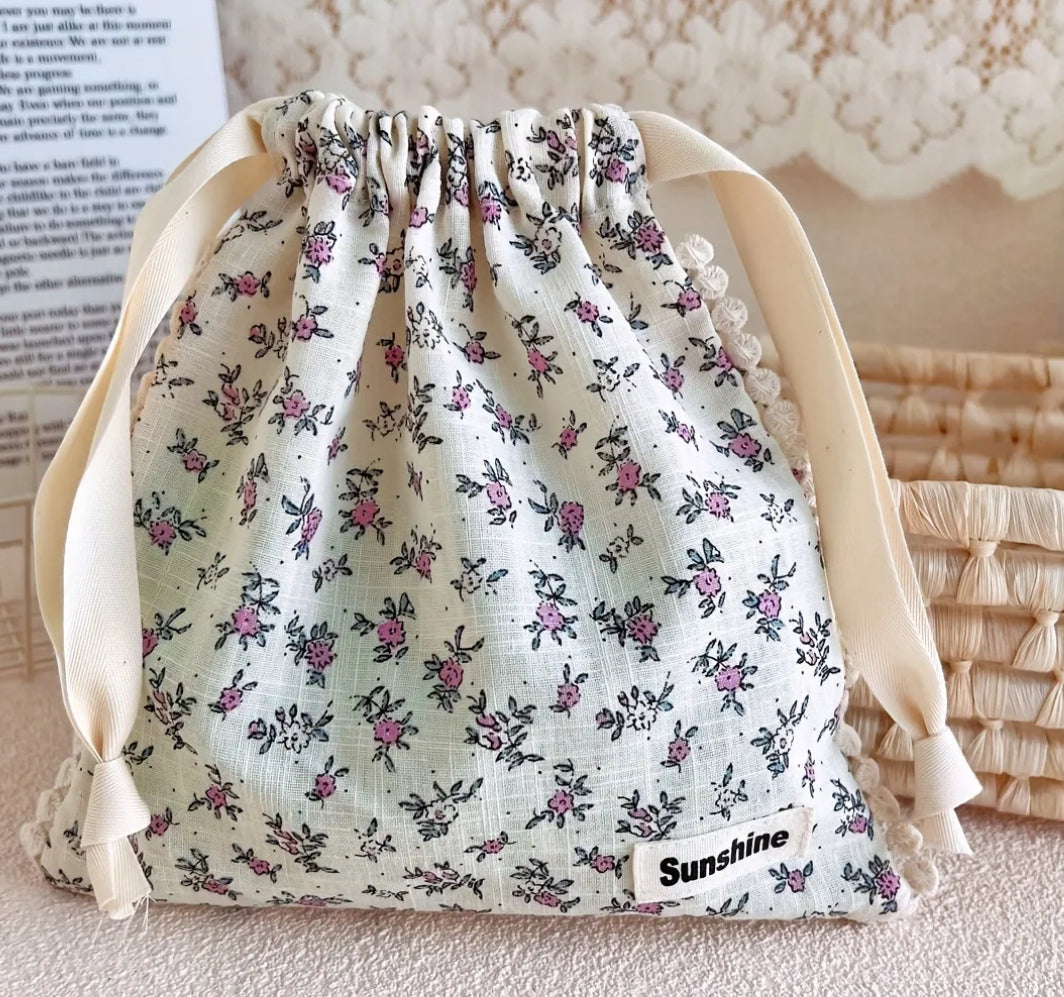 Reusable cotton floral drawstring gift bag