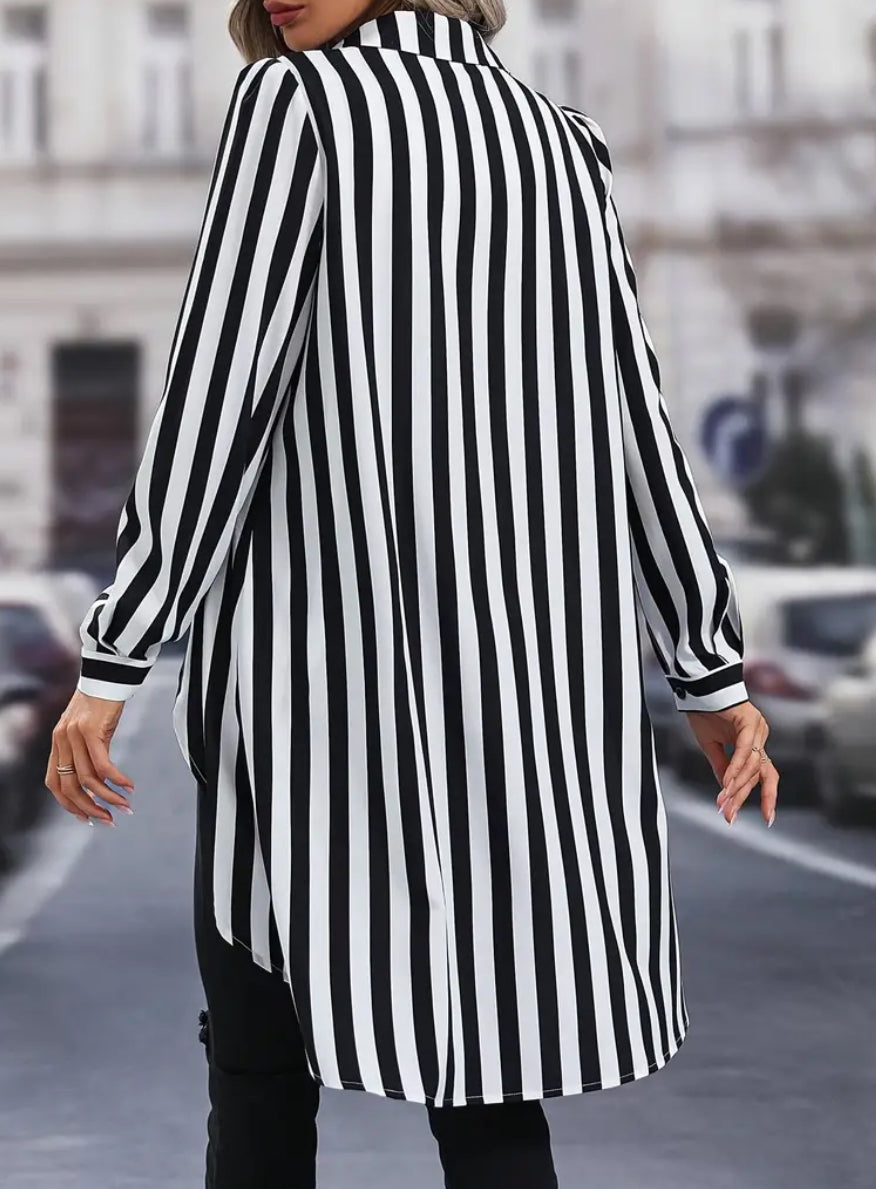 Striped One-Piece Collared Shirt-Coat