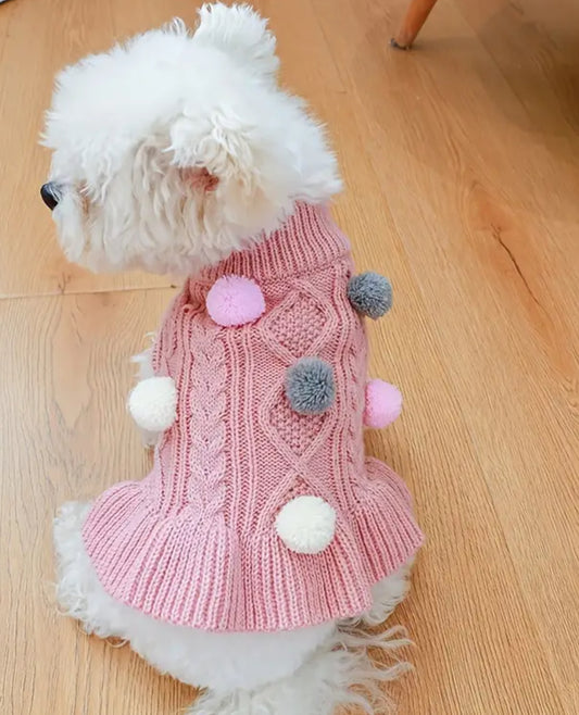 Pink Knit Dress with Pom Poms