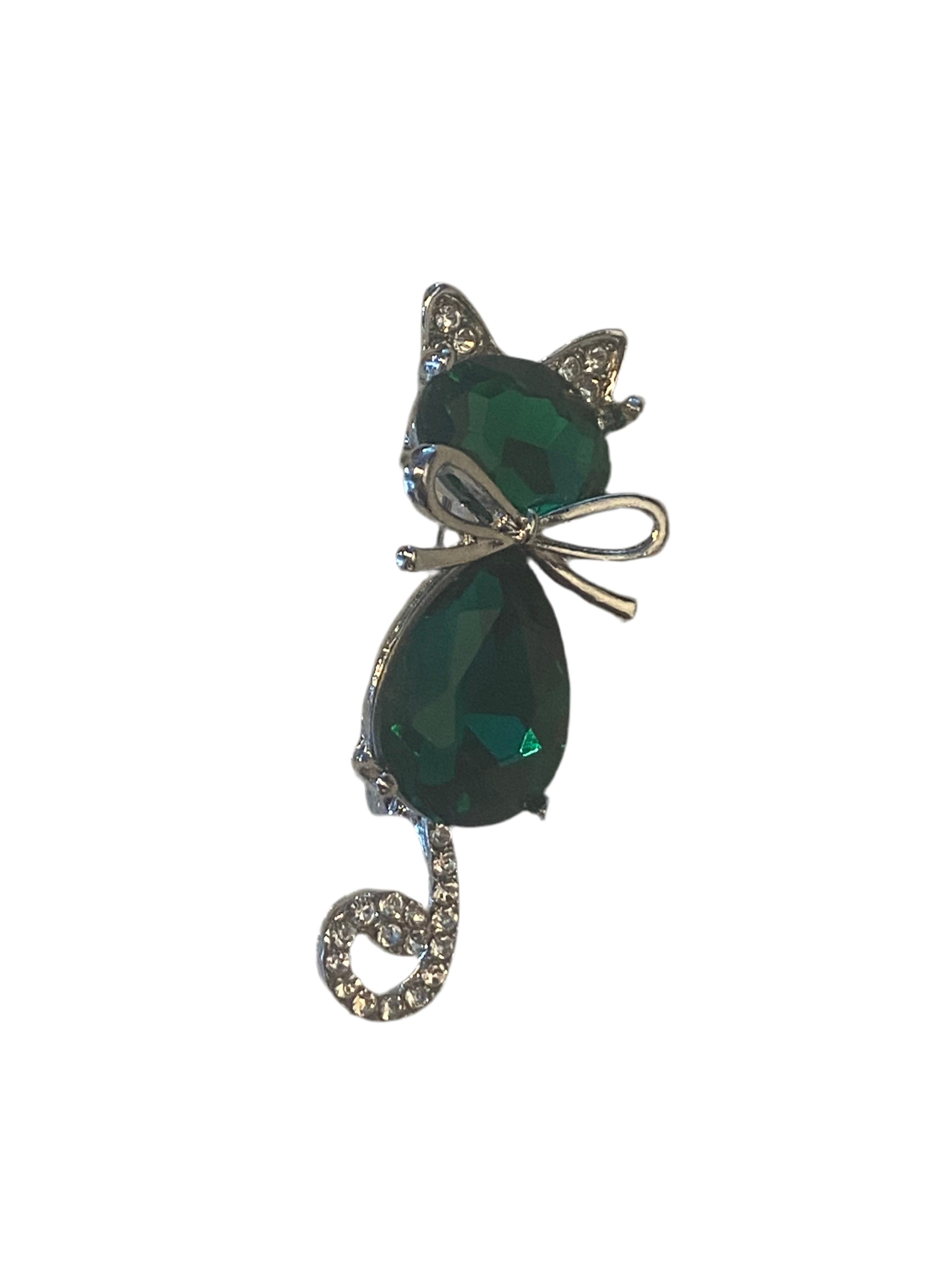 Emerald Gem Cat Music Note Brooch
