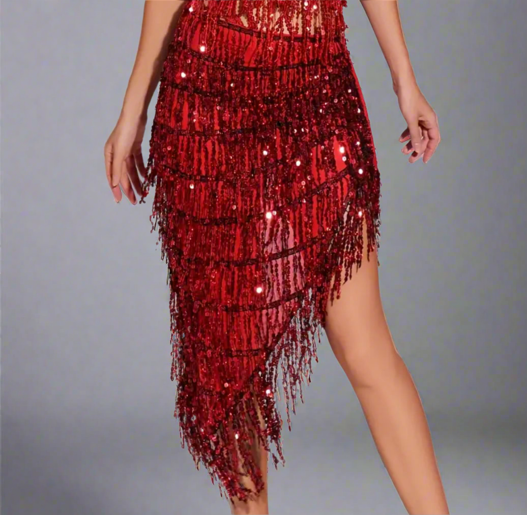 Red Sequin Fringe Hip Scarf
