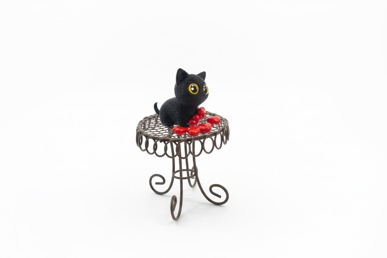 Black Cat on Table with hearts
