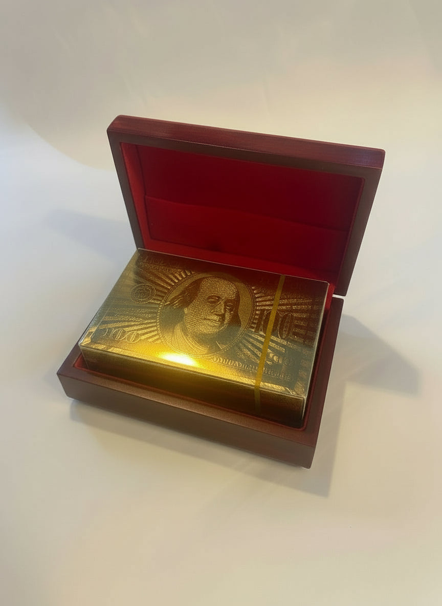 Gold Playing Cards in Wooded Box