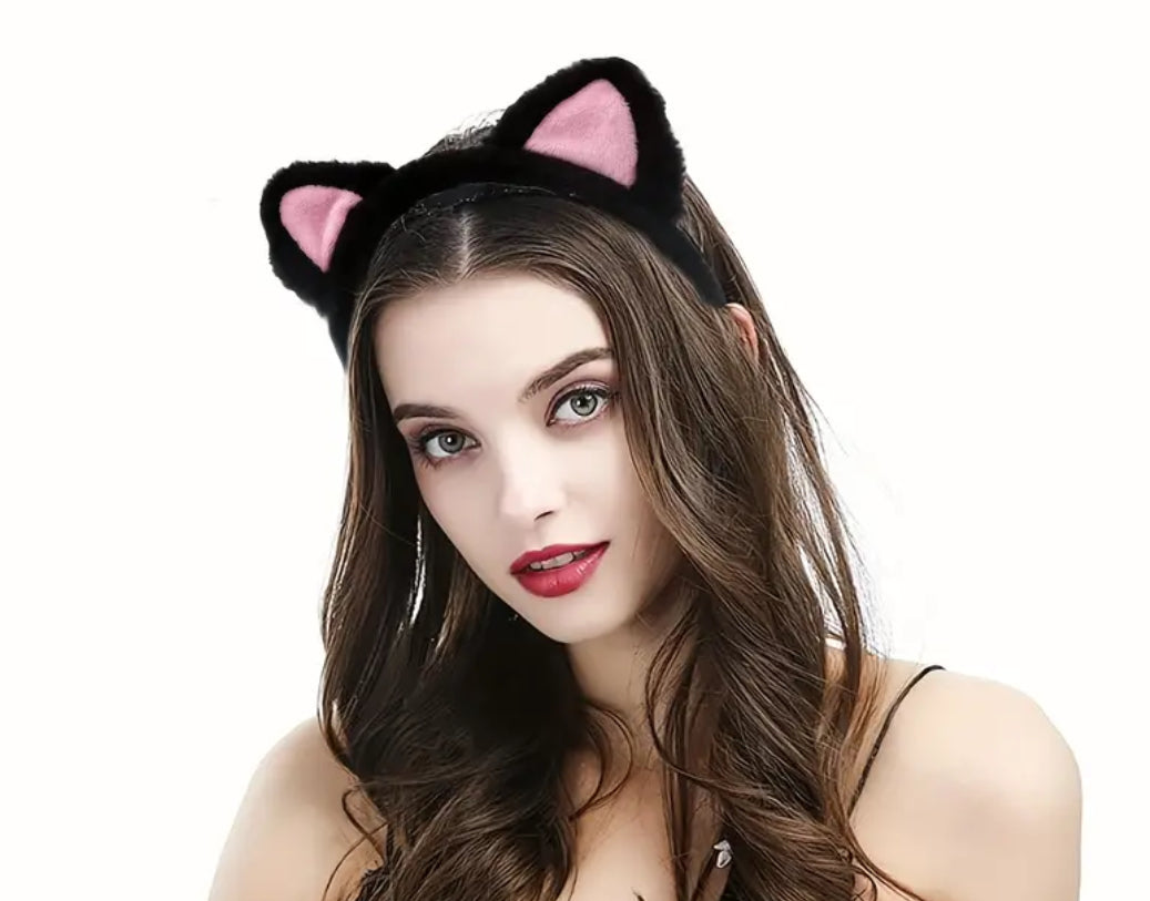 Serre-tête oreilles de chat noir duveteux