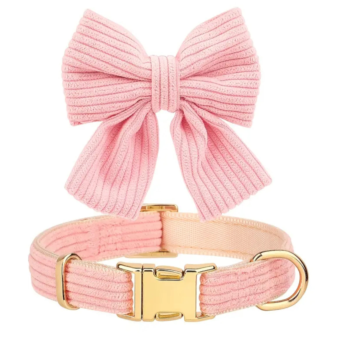 Set: Pink corduroy collar, leash & harness