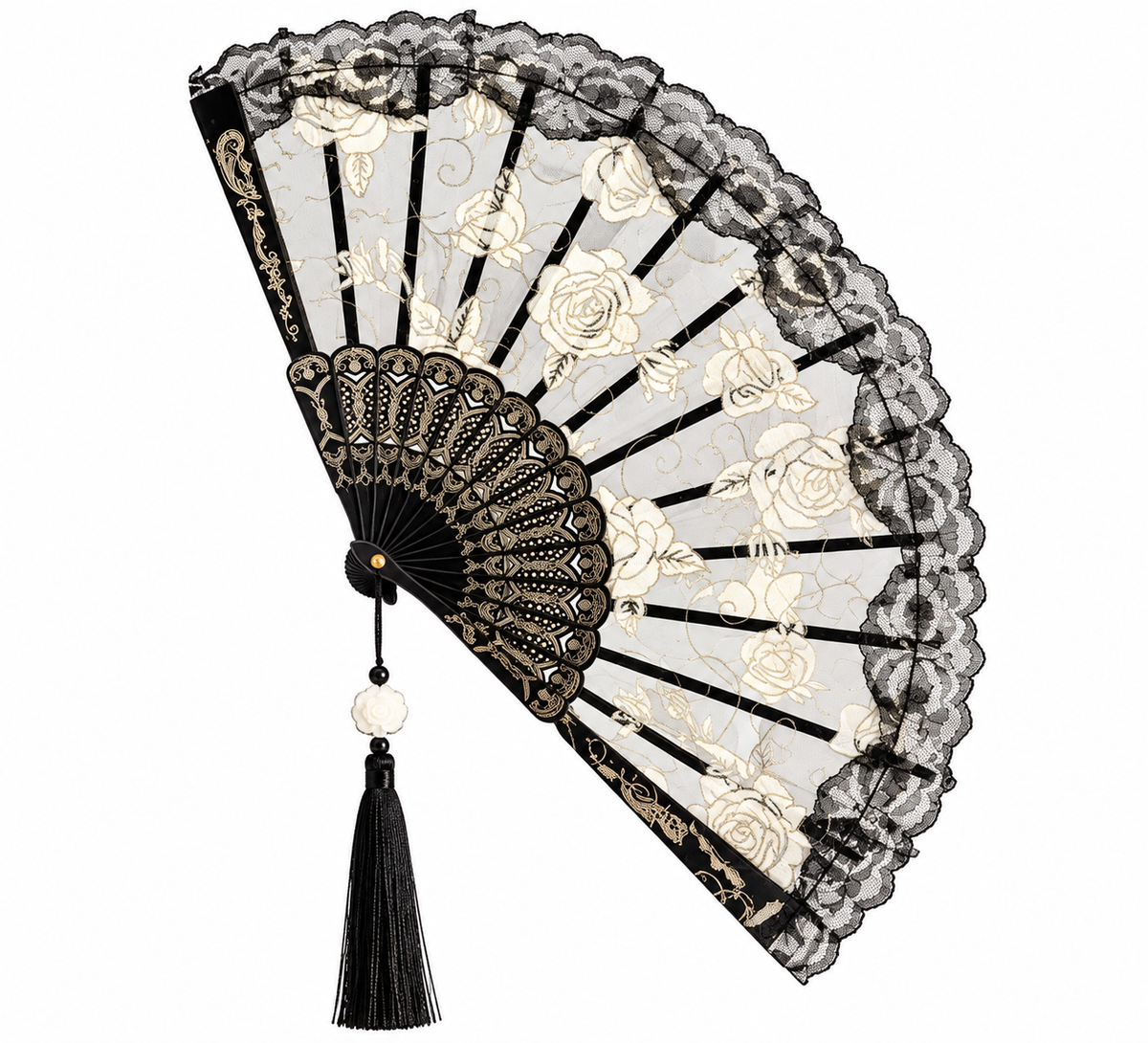 Embroidered Folding Fan - Black