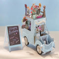 Carte d'anniversaire 3D - Chariot de fleuriste (bleu)