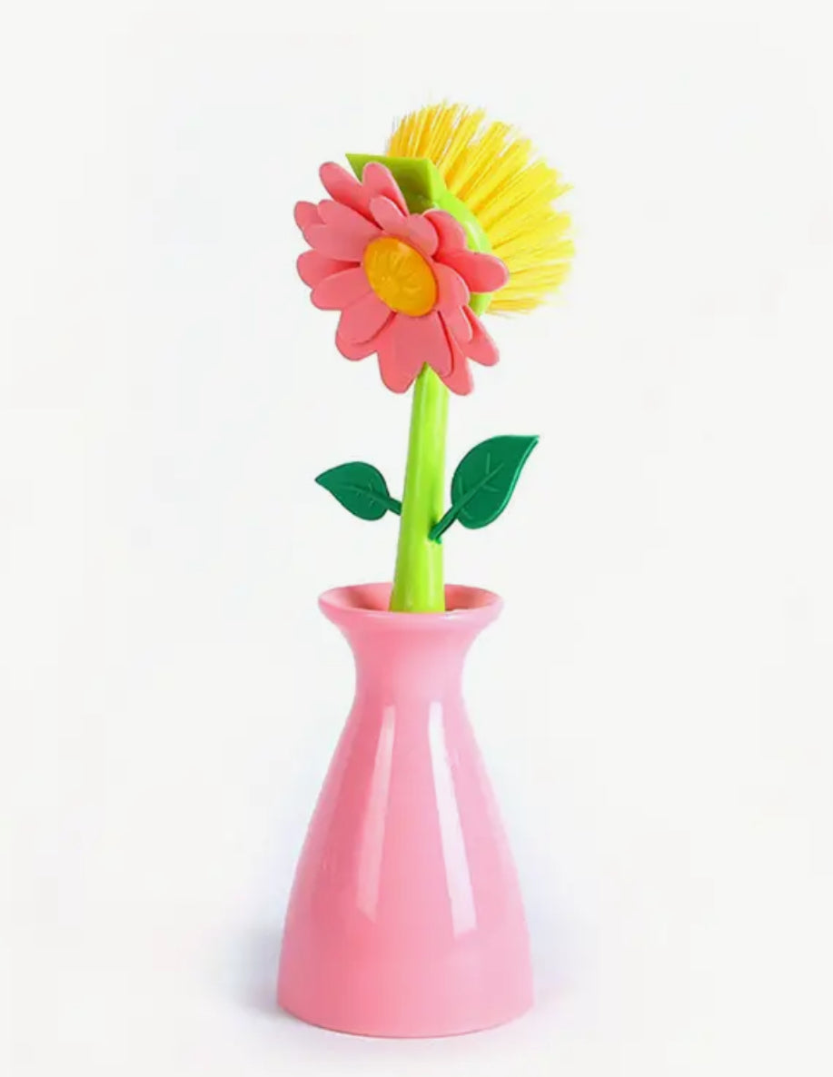 Ensemble de brosse à récurer et de support à fleurs (bleu, vert ou rose)
