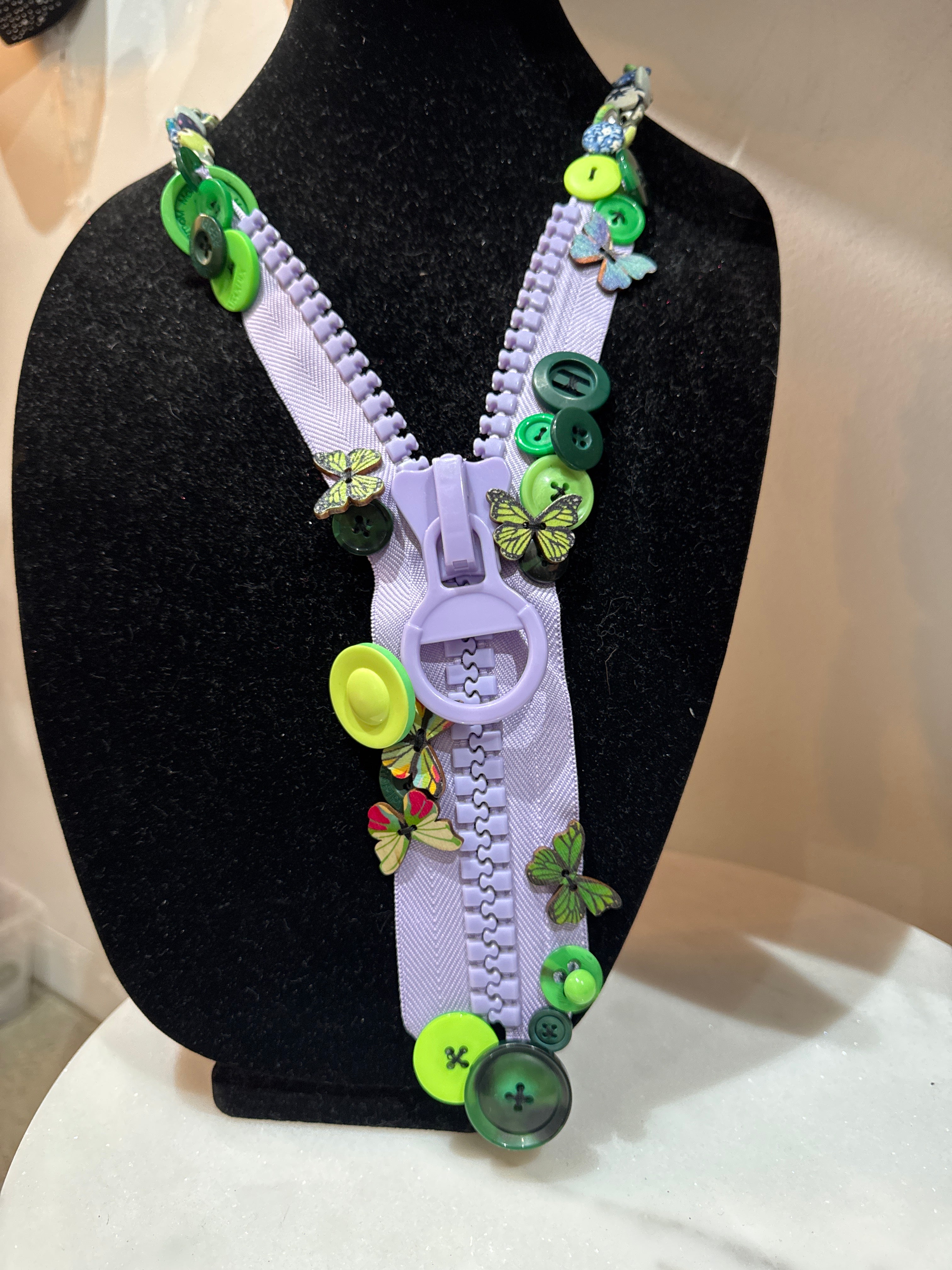 Handmade zip button necklace