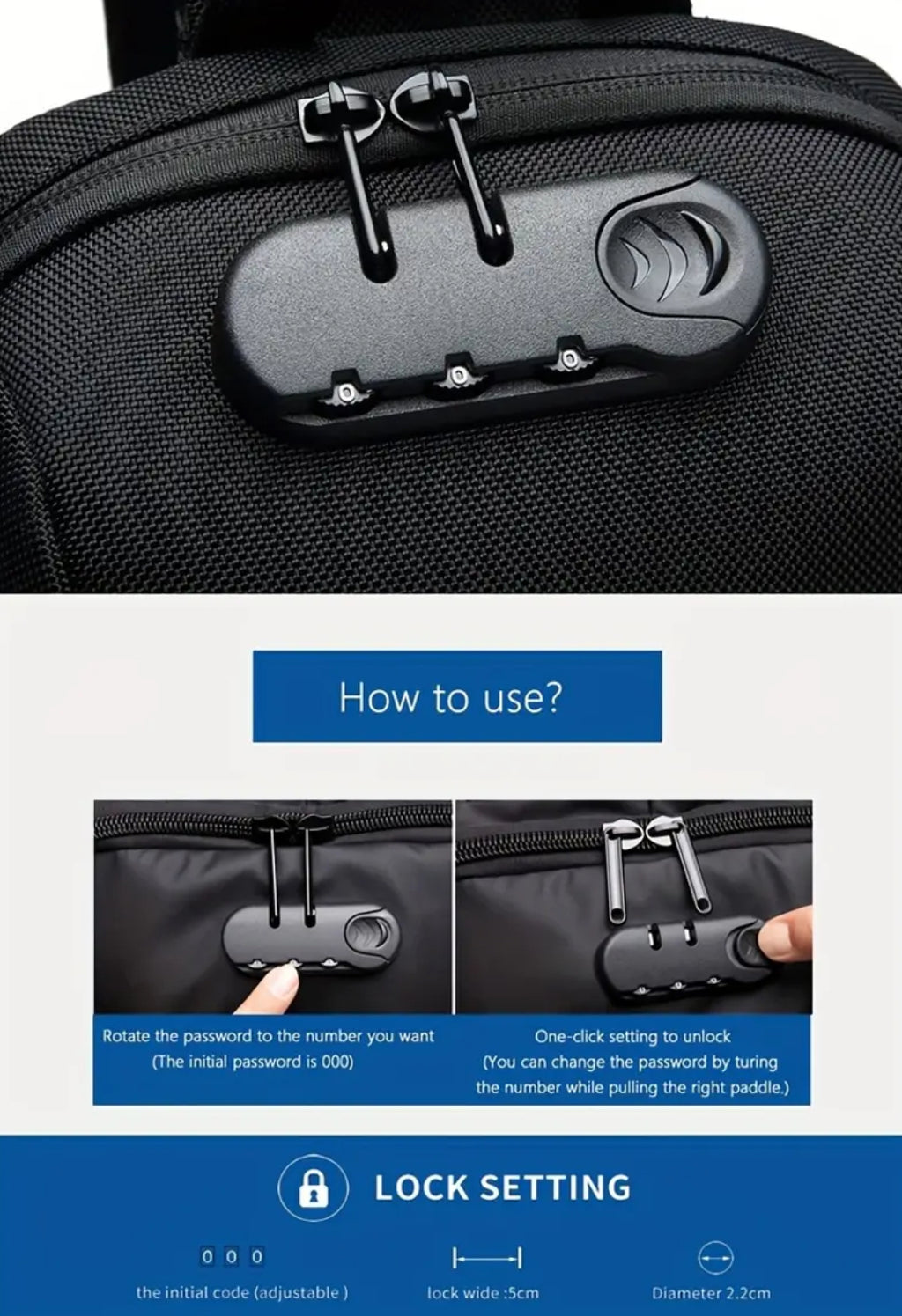 Sac bandoulière en tissu mesh avec serrure à combinaison et port de chargement (vert armée)