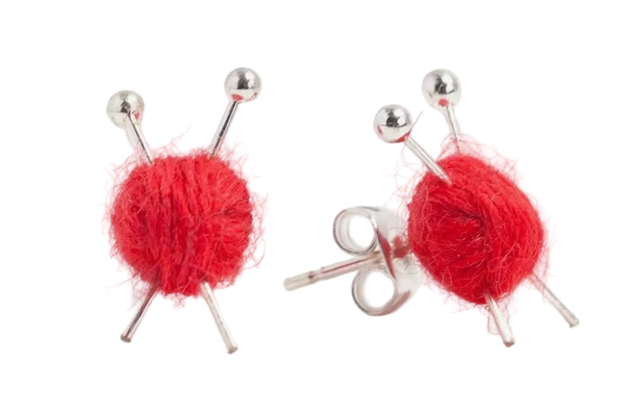 Knitting Needles with Wool Earrings (Red)