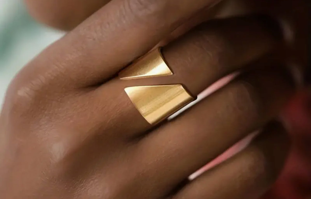 Modern asymmetrical gold plated stainless steel ring