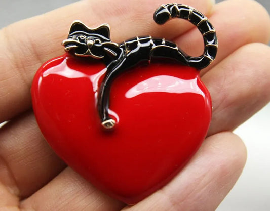 Cat on Love Heart Brooch