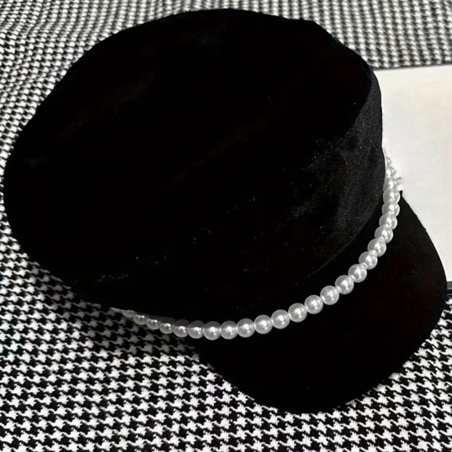 Black velvet cap with pearls