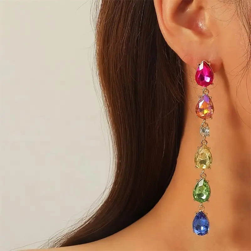 Rainbow Tassel Crystal Earrings – Pride Party Edition