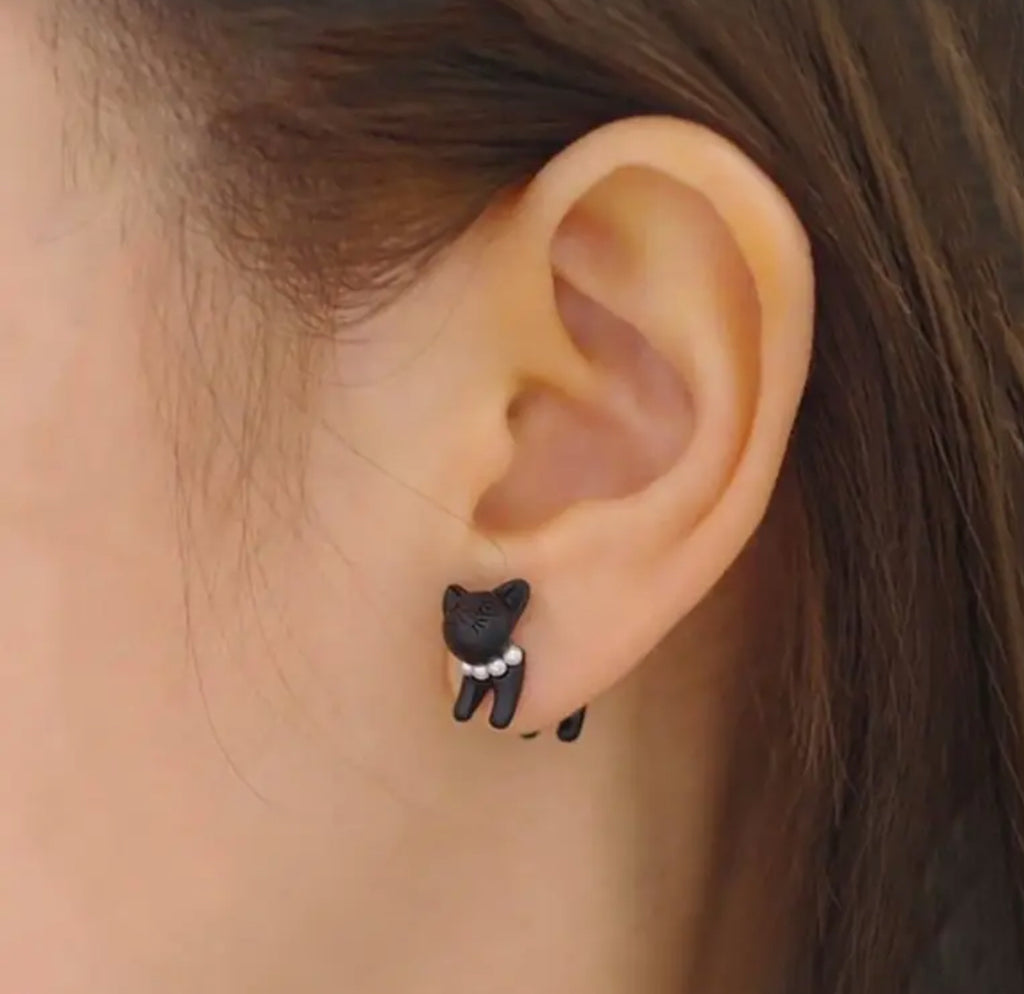 Boucles d'oreilles Chat noir avec collier de perles