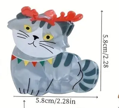 Christmas Tabby Cat Claw Hair Clip (Grey)