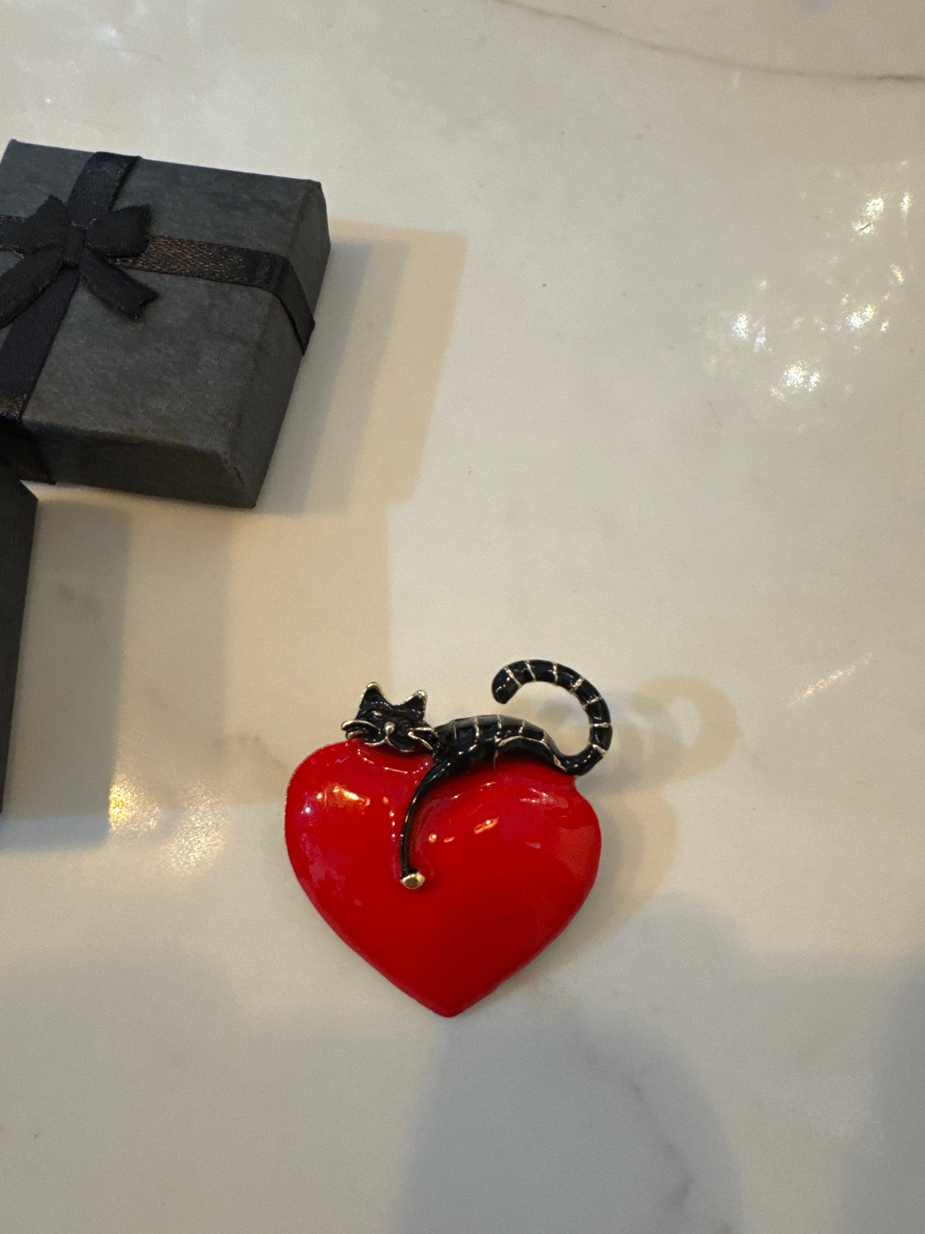 Cat on Love Heart Brooch