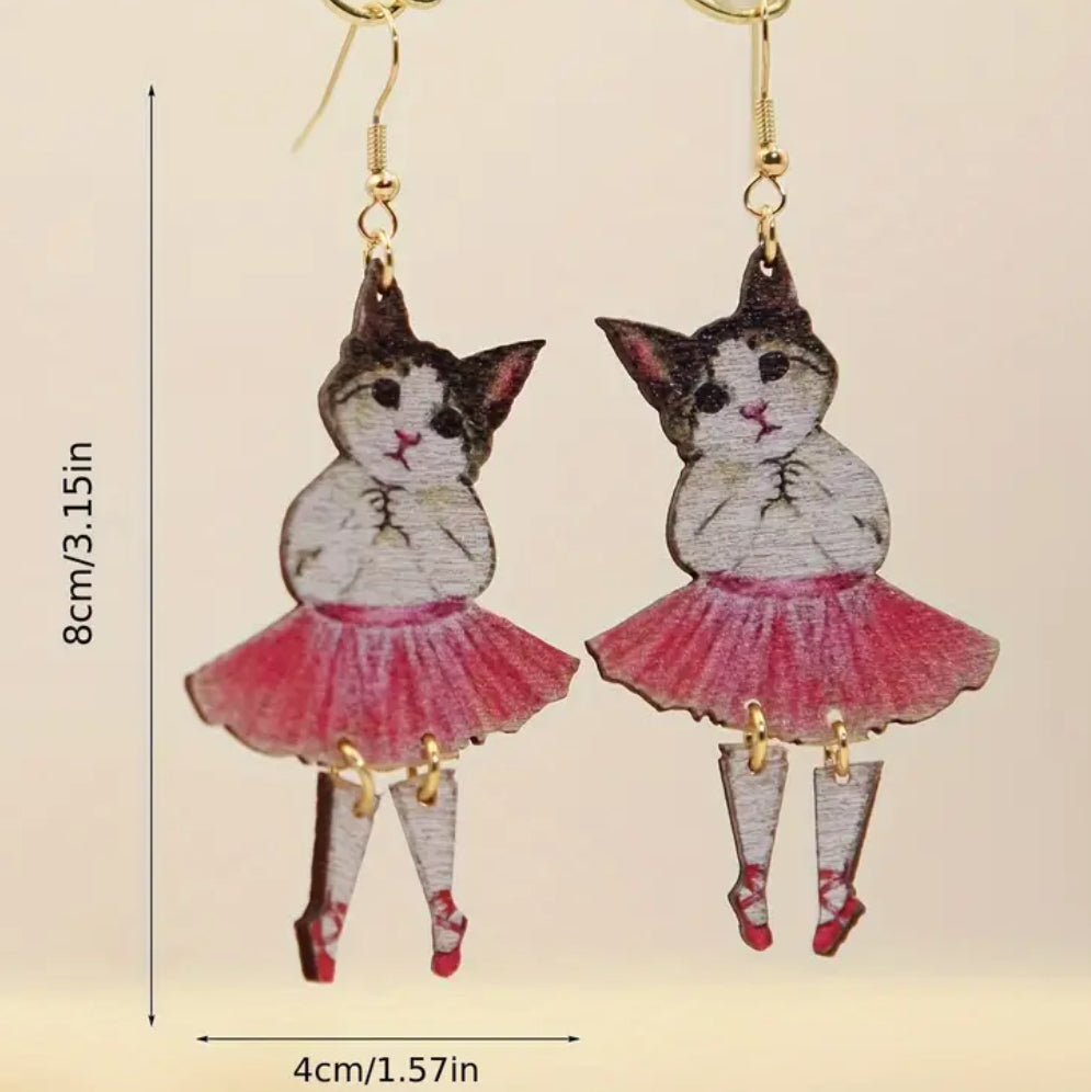 Wooden Ballerina Cat Earrings