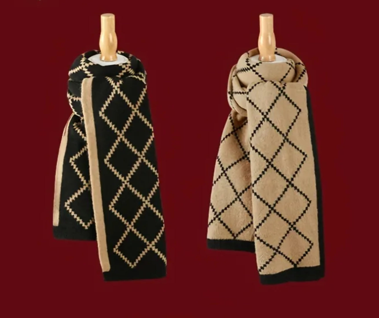 Écharpe en tricot rhombique marron et noir