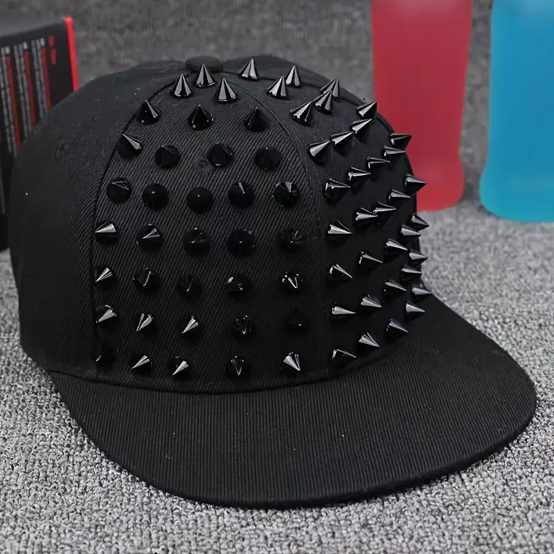 Studded Flat Brim Cap – Black Rivet Hip-Hop Streetwear Hat