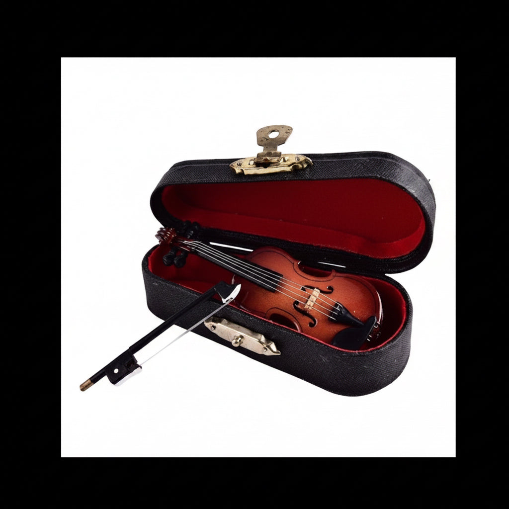Miniature Wooden Violin, Bow, Stand & Case