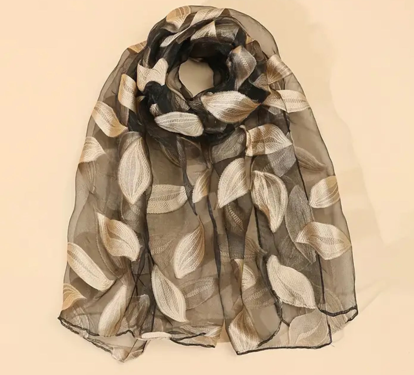 Evening black scarf with golden leaves