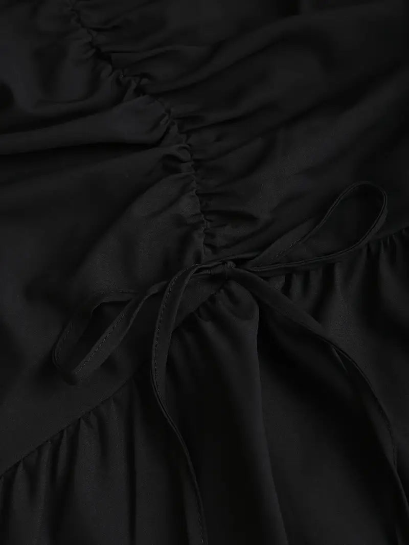 Women’s Vintage Gothic Off-Shoulder Dress – Black Ruched Corset Midi with Ruffle Hem