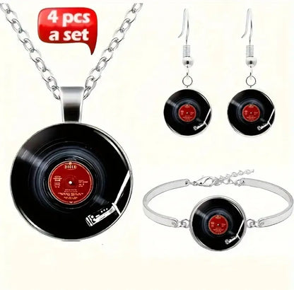 Set of 4- Vinyl record necklace, earrings & Bangle