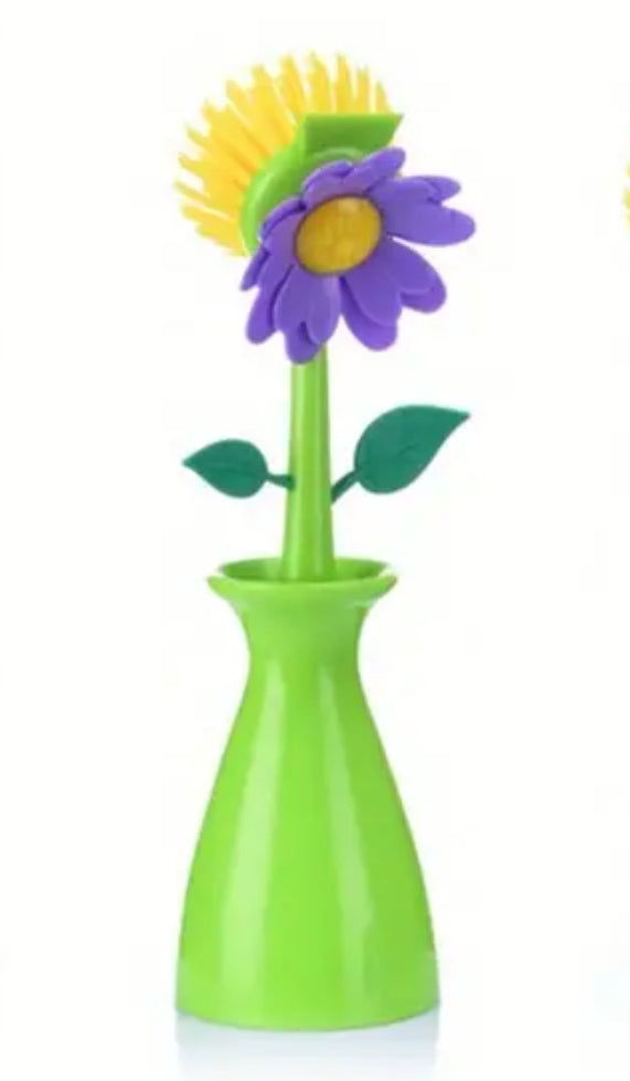 Ensemble de brosse à récurer et de support à fleurs (bleu, vert ou rose)