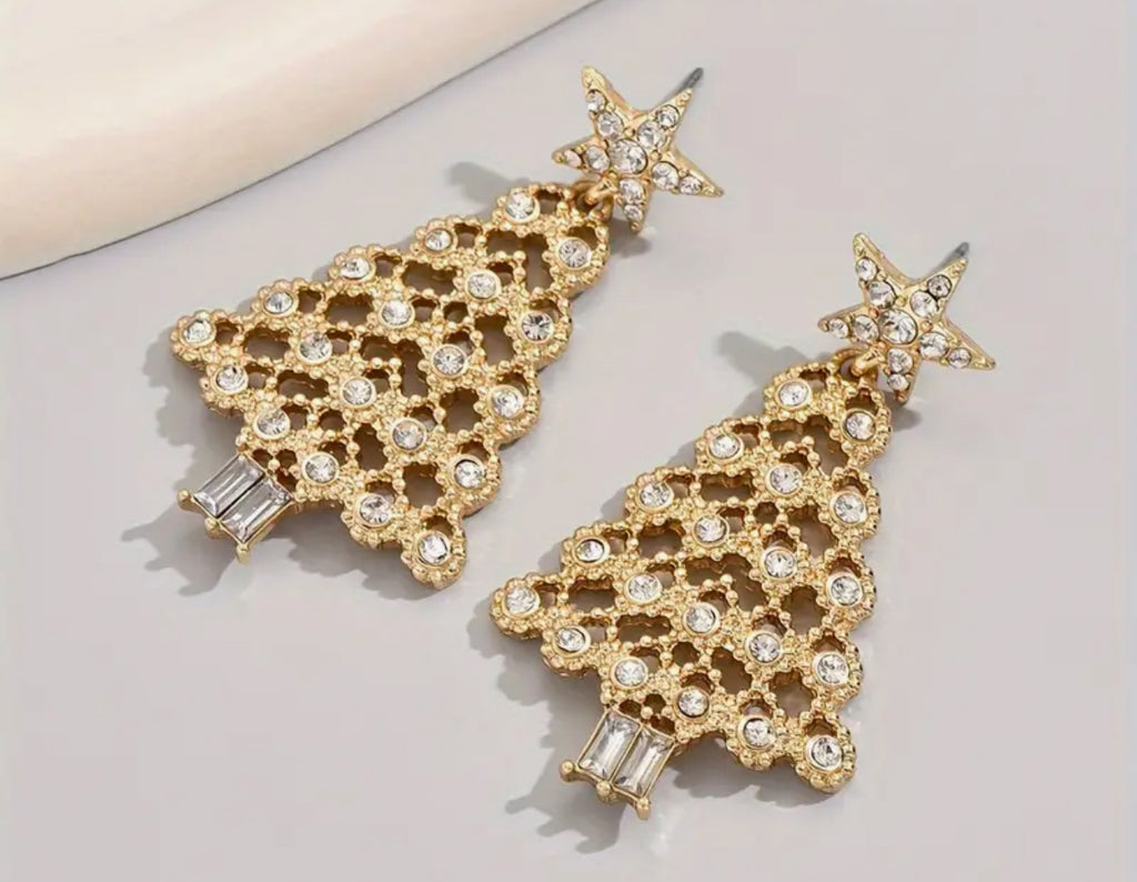 Boucles d'oreilles à tige en forme de sapin de Noël en or et diamants