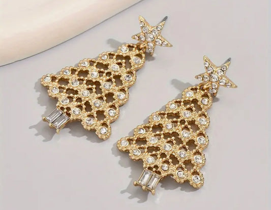 Gold diamonte Christmas Tree Stud Earrings