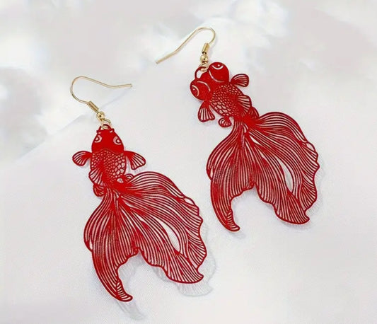 Red Metallic Goldfish hook earrings