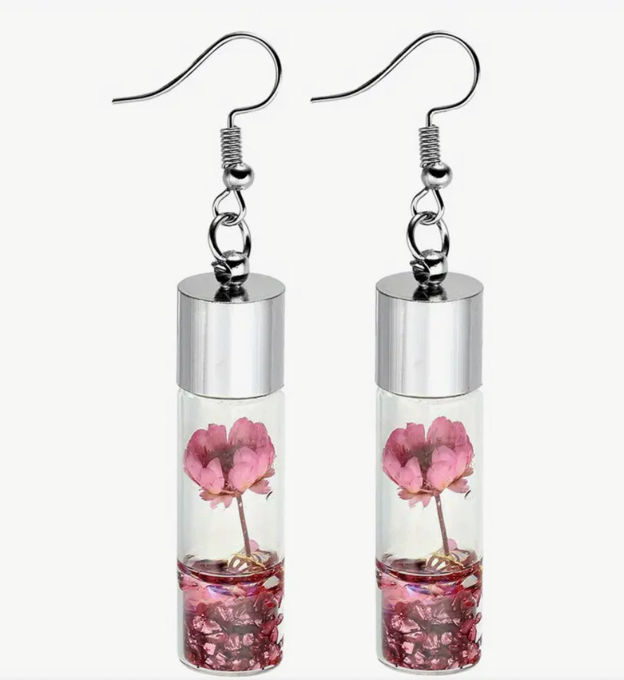 Dried Flowers in glass bottle sterling silver earrings