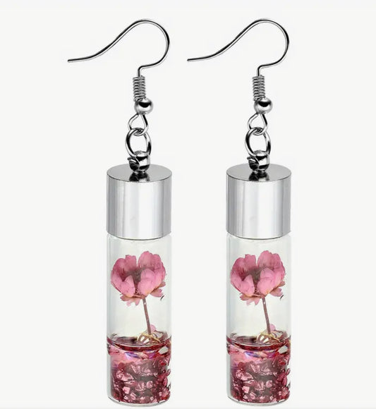 Dried Flowers in glass bottle sterling silver earrings