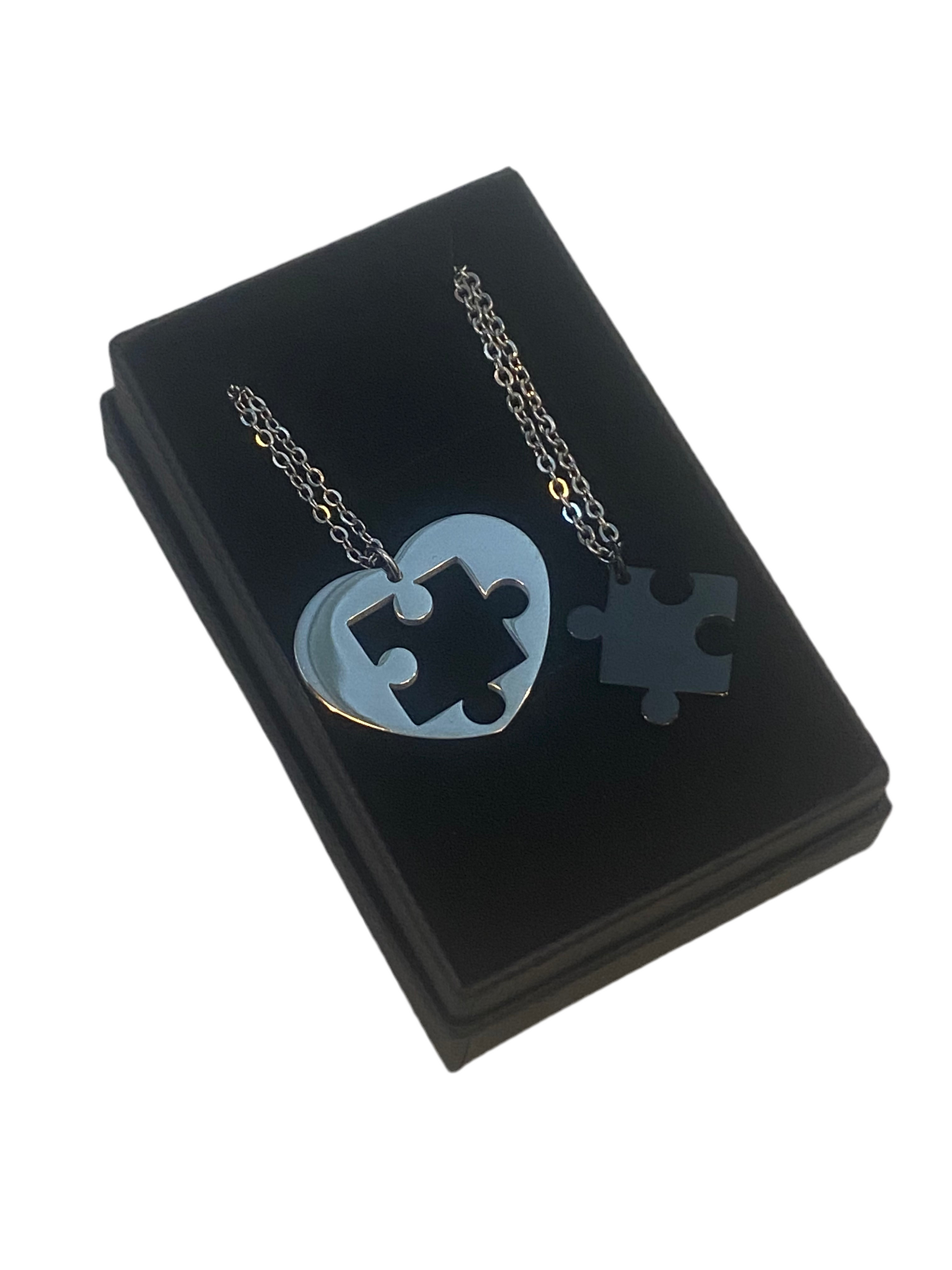 Stainless Steel Puzzle Piece Couple Necklace With Gift Box