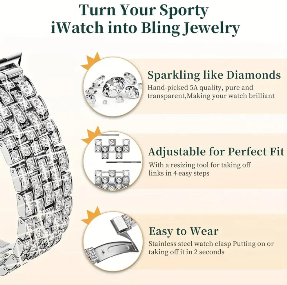 Bracelet de montre Apple Watch en acier inoxydable avec strass 38 mm