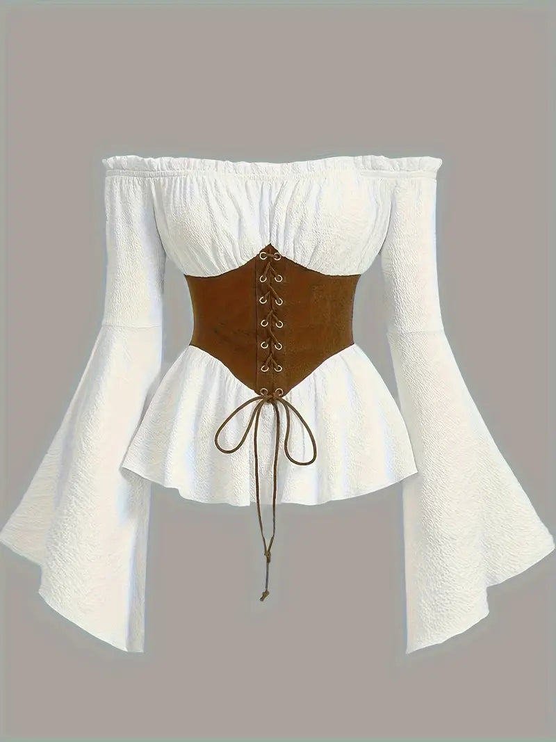 Renaissance Off-Shoulder Blouse with Faux Corset Waist