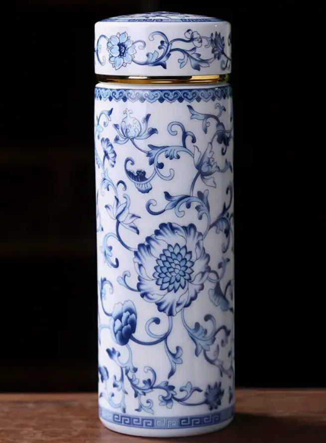 Tasse de voyage en céramique à motif floral bleu