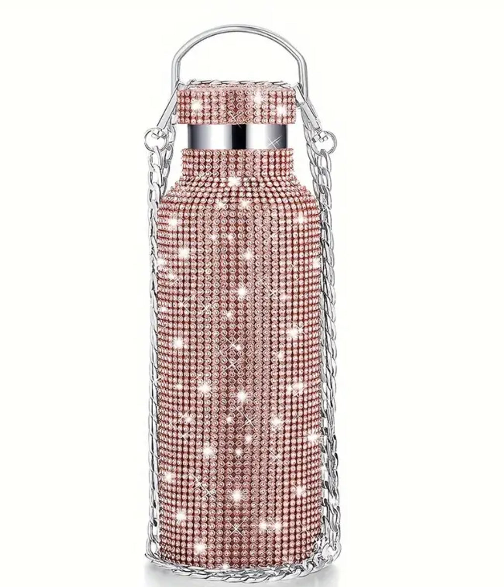 Pink Diamanté Water Bottle with chain 350ml