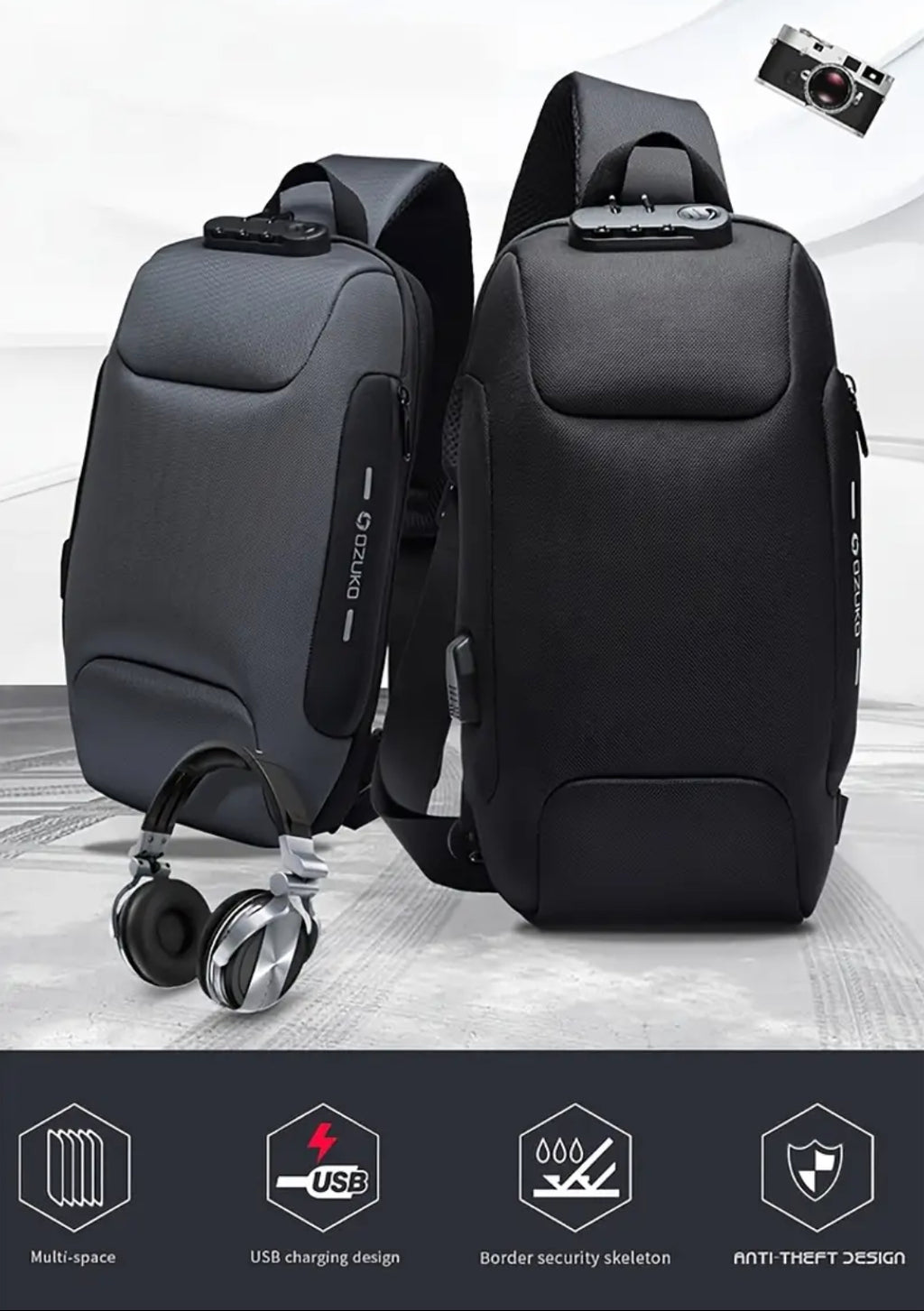 Sac bandoulière en tissu mesh avec serrure à combinaison et port de chargement (vert armée)