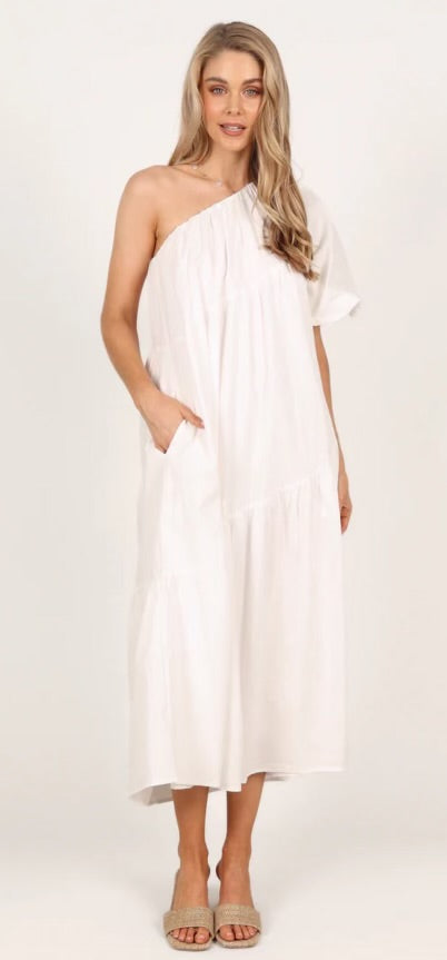 100% Cotton One shoulder puff sleeve midi dress (white)