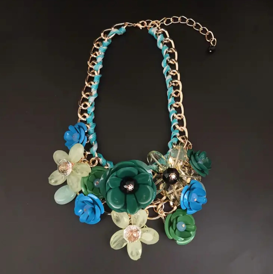 Blue and green Floral resin necklace