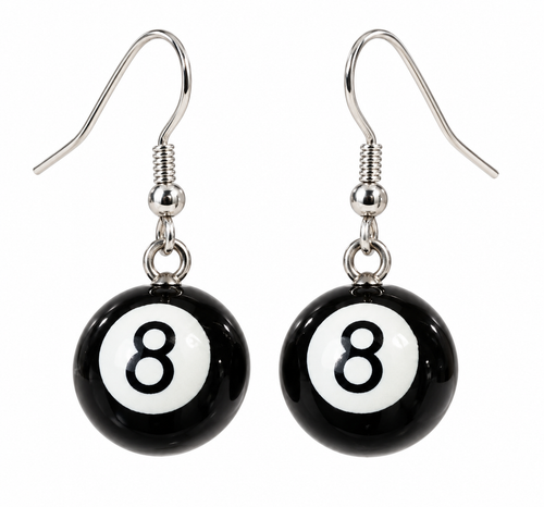 Pair of black 8-ball silver hook earrings