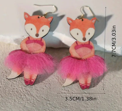 Wooden Ballerina Fox with Tutu Earrings