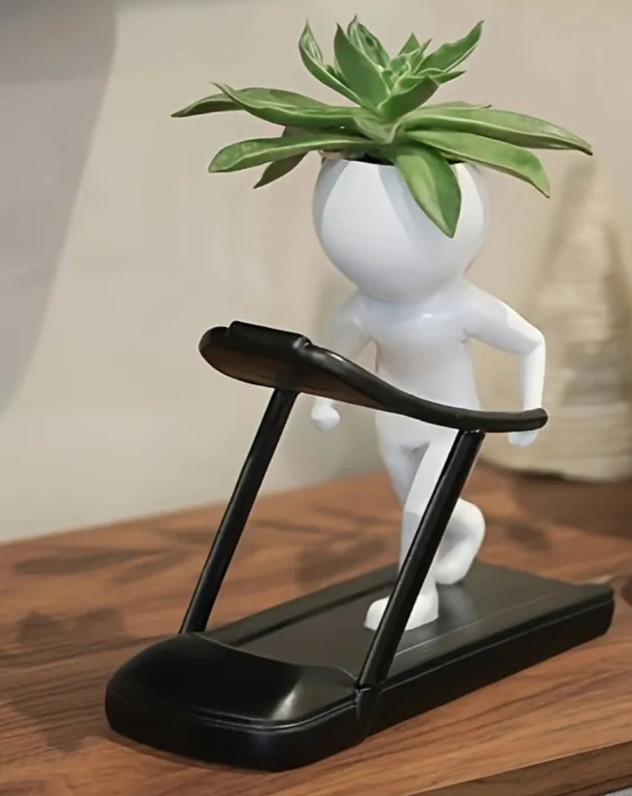 White Jogger on Treadmill Planter Pot