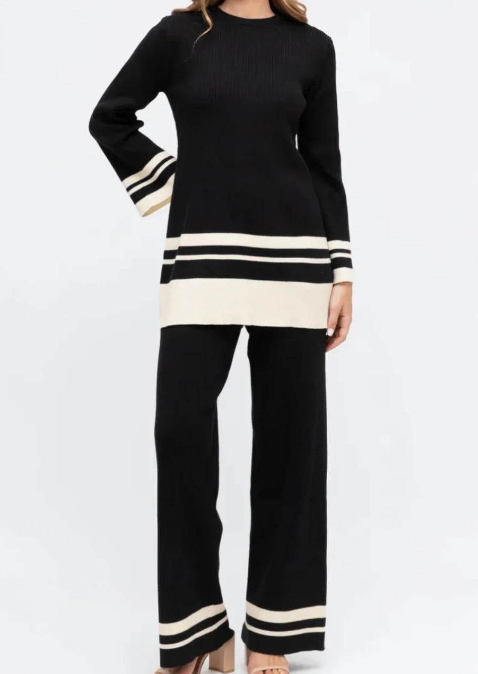 Knit Black Top with Flared Striped Cuffs