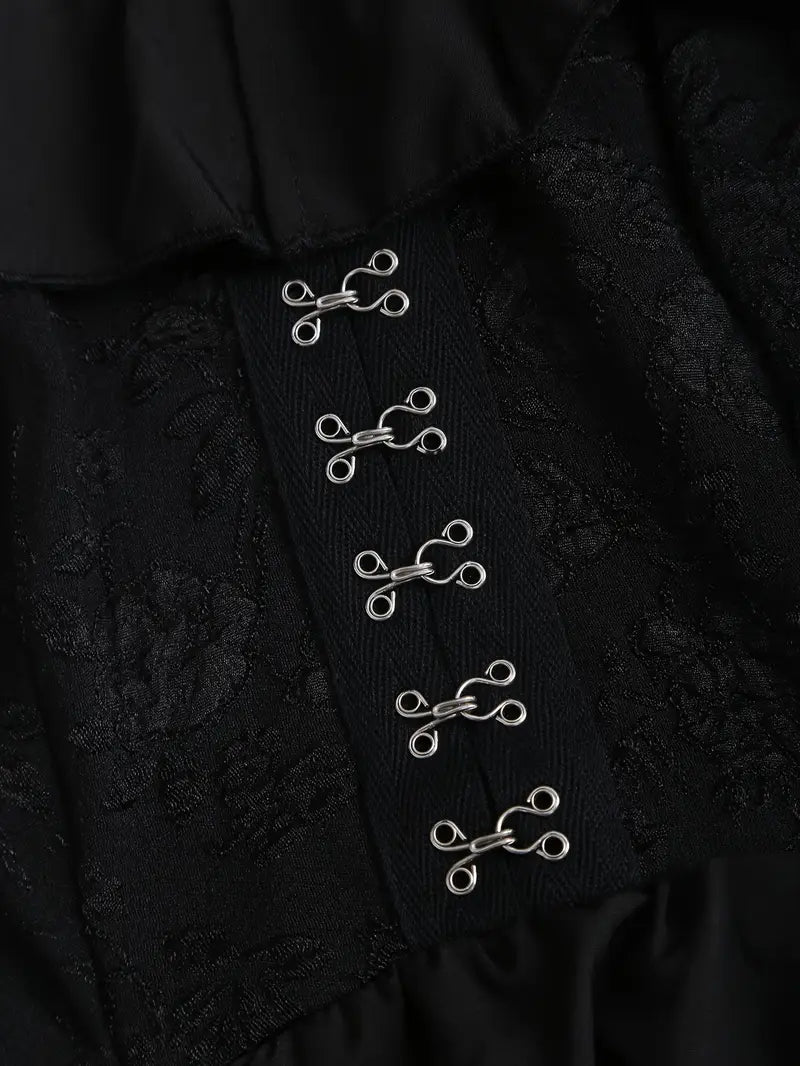 Women’s Vintage Gothic Off-Shoulder Dress – Black Ruched Corset Midi with Ruffle Hem