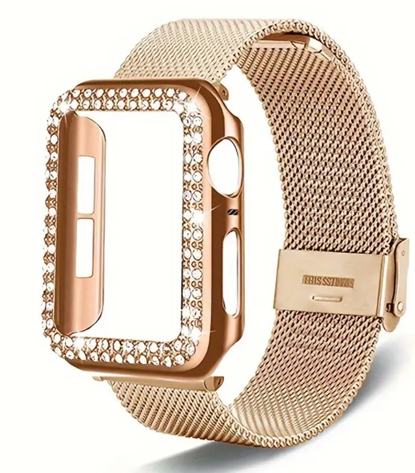 Bracelet et boîtier en maille d'acier inoxydable or rose pour Apple Watch 38 mm